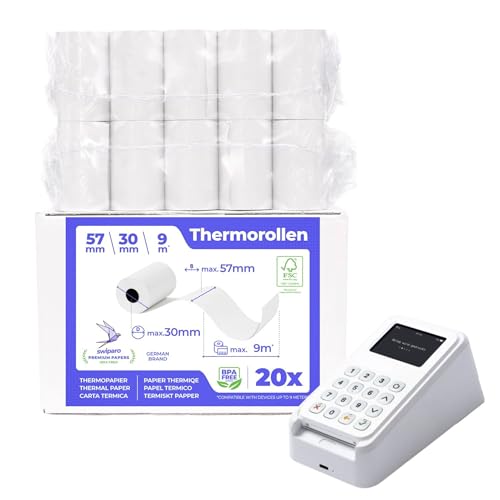 SWIPARO® - Rollos Papel Datafono Térmico 57x30x12mm para todos los TPV y las impresora térmica - Rollo papel térmico 57mm x 30mm x 9m - Ideal para máquinas de tarjetas de Crédito - Papel TPV [20x]