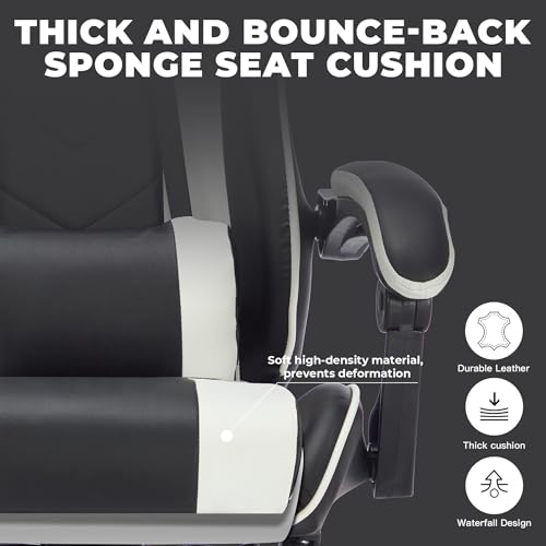 Image of Gaming Chair with Footrest for Home Office - High Back Computer Chair with Headrest and Lumber Support, Ergonomic Height Adjustable Leather Game Chairs (Black+White)