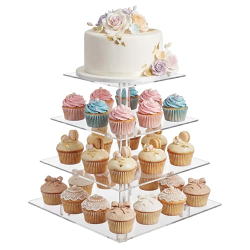4 Tier Cupcake Stand Square Acrylic Cake Display Stand Reusable Transparent Cake Dessert Holder for Wedding Party Birthday Shower Halloween Christmas (Transparent - Square)