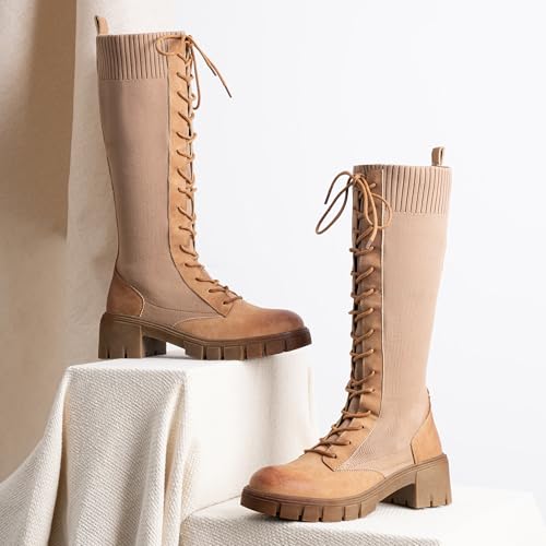 Image of Vepose Women's 953 Knee High Combat Boots Chunky Platform Heel, Lace Up Gothic Punk Work Boots for Dresses and Jeans
