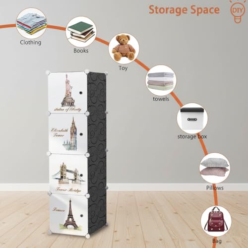 Image of KRISHYAM Kids Modular Storage Cabinet with Travel Landmark Design Doors, 4 Cube Plastic Wardrobe Organizer, DIY Closet System with Hanging Rod, Toy & Clothes Storage (Tower Print, 4 Box)
