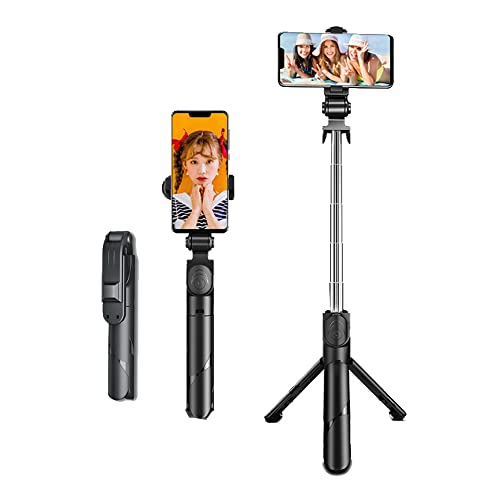 セルカ棒 スマホ 三脚 コンパクト 軽量 自 撮り 棒Bluetooth 無線 三脚/一脚兼用 シャッターボタン付きコンパクト 軽量ミニ 携帯Android＆iPhone対応 リモコン付き 横も縦も撮影できる (ブラック)