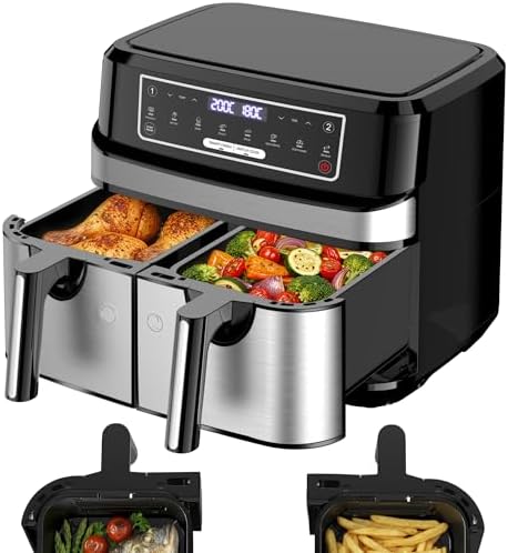 Friggitrice Ad Aria 9L | Friggitrice Aria Doppio Cestello con 2x4,5L Cestello, 8-in-1 Airfryer Controllo Indipendente Temperatura 50-200℃, Grande Doppia Zona 2600W Air Fryer LED Schermo Touch Timer