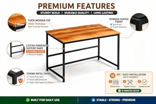 Image of Portable Wood & Metal Computer Desk | Foldable Modern Writing | Multipurpose Study Table Best for Home, School, Office Work & More | Ideal for Kids & Adults