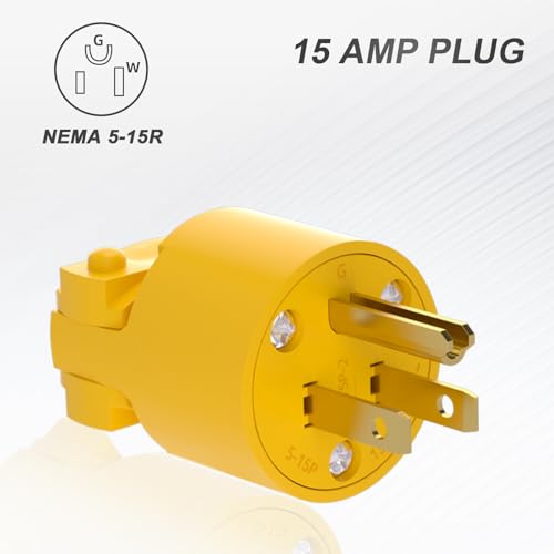 Extension Cord Ends Electrical Replacement Plug NEMA 5-15P 15A 125V 2Pole 3Wire Yellow Shell Industrial Grade 3-Prong Male Straight Blade Grounding Type. 10PCS