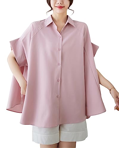 ellazhu Women's Short Sleeve Polo Collar Solid Color Button Down T-Shirts Blouse GA2651 Pink