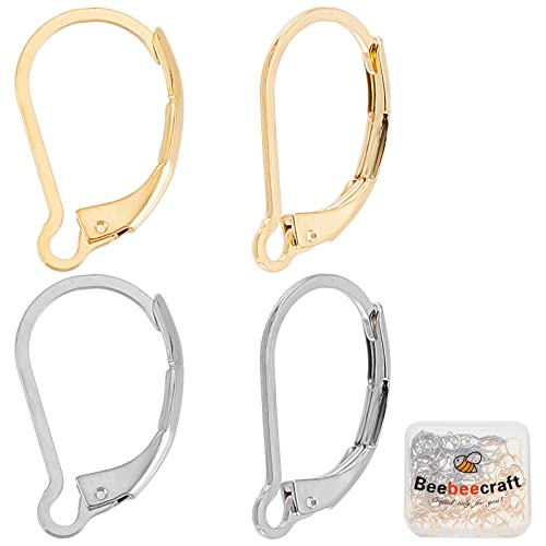 Beebeecraft 100Pcs Leverback Earring Findings 24K Gold Plated Stainless Steel French Earring Hooks 16X10mm Interchangeable Dangle Ear Wire Findings for Jewellry Making (Pin: 0.04 inch(1mm)