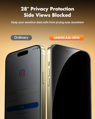 Image of UNBREAKcable Privacy Screen Protector for iPhone 15 Plus, Anti-Spy Shatterproof Tempered Glass [True 28Anti Spy] [9H Hardness] [Easy Installation Frame] Black Protector for iPhone 6.7 inch - 2 Pack