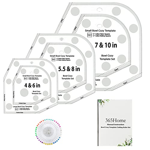 365Home Bowl Cozy Template 3 Sizes, Bowl Cozy Pattern Template Cutting Ruler Set with 40 Pcs of Sewing Pin and Manual Instruction