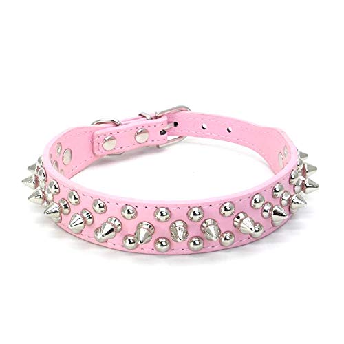 Hundehalsband mit Stacheln, Nieten, PU-Leder, Katzenhalsband, verstellbare Metallschnalle, Nieten, für kleine, mittelgroße und große Rassen, Mädchen, Jungen, Rosa, Größe XS