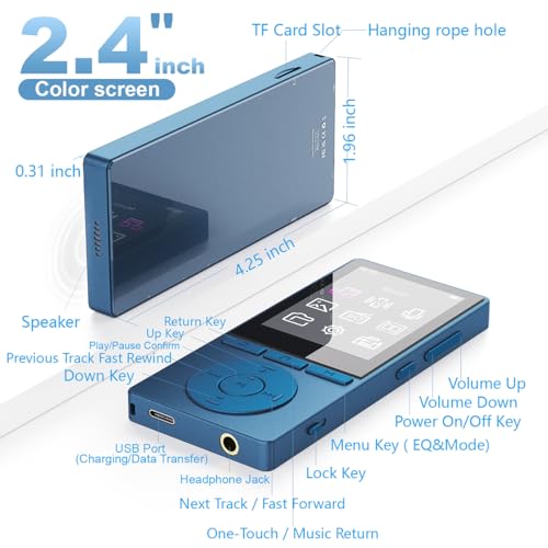 Image of 64GB MP3 Player with Bluetooth 5.3, Color Screen 2.4 inch, Music Player with HiFi Sound, MP3 Players Built in HD Speaker Voice Recorder E-Book, Expanded Up to 128GB, Earphone Included, for Sports Runner