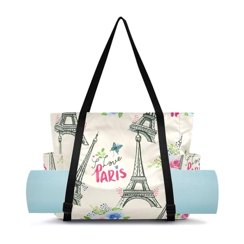 Lxqimora Eiffel Tower Flowers Romantic Yoga Mat Bag for Women Water-Resistant Gym Bag with Yoga Mat Holder Tote Bag for Yoga Mat Blocks