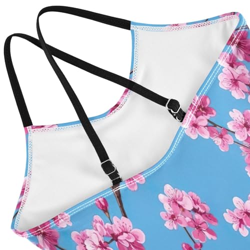 Cherry Blossom Branches Flowers Blue Girl Bathing Suit with Adjustable Shoulder Strap, Beach Apparel, 3-104