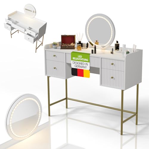 Juskys Schminktisch Samira mit Touch-LED-Spiegel, 5 Schubladen, viel Stauraum, modernes Design, kompakt & pflegeleicht für Make-up – Weiß/Gold