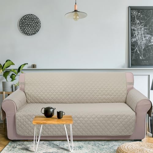 U-NICE HOME Reversible Sofa Cover Couch Cover for Dogs with Elastic Straps Water Resistant Furniture Protector for Pets Couch Cover for 3 Cushion Couch (Sofa, Beige/Beige)