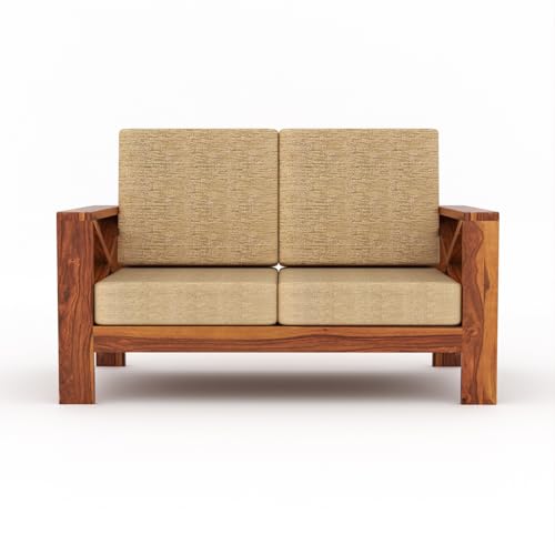 Image of Sheesham Wooden 4 Seater Sofa for Living Room | Rosewood 4 Seater Cushion Sofa X-Legs | Solid Wood Sofa Set for Lounge (2+2,Honey)
