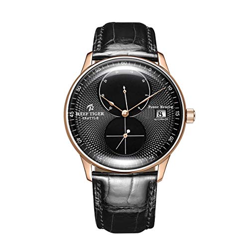 Reef Tiger Mens Dress Watches Rose Gold Leather Strap Automatic 48 Hours Power Reserve RGA82B0 (ORGA82B0-PBB)