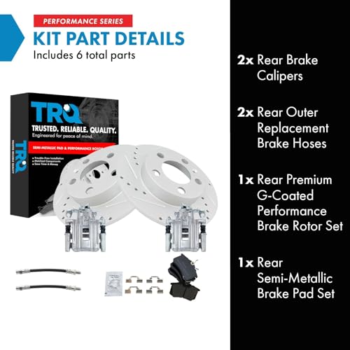 Image of TRQ Performance Rear Brake Pad and Rotor Set Semi Metallic Slotted Drilled G Coated Rotors Calipers Compatible with 1999 Volkswagen Jetta