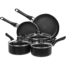 Cazuelas T Fal Amazon Basics Juego de utensilios de cocina antiadherentes, 8 Unidads (5 ollas + 3 tapas), Negro