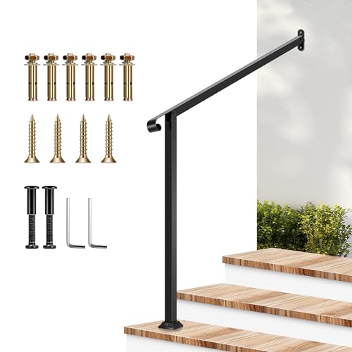 Image of VIVOSUN Outdoor Handrail, 3 Step Stair Handrail, 40 inch x 39 inch Fits 1 to 3 Steps, Wrought Mattle Iron Stair Railing with Single Curved End for Concrete Steps, Porch Steps, Black