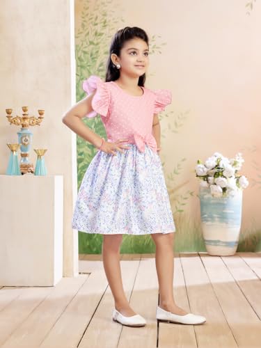 Image of Aarika Girls Casual Wear Firozi Colour Polka DotFloral Print Cotton Blend Frock