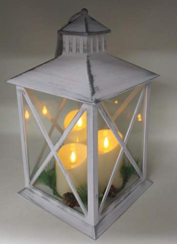 Farol rústico blanco grande con 3 velas LED con llama parpadeante con mango de 41 cm de alto.
