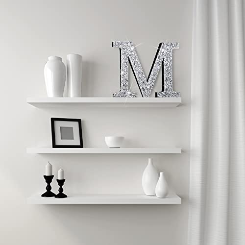 Qunclay Silver Crystal Diamond Bling Letters Crushed Diamond Decoration Wooden Glitter Letter with Screw and Hooks Rhinestone Gift for Valentine Y2k Mcbling Bedroom Wall Decor(Letter M,5.7"l X 5.7"w)