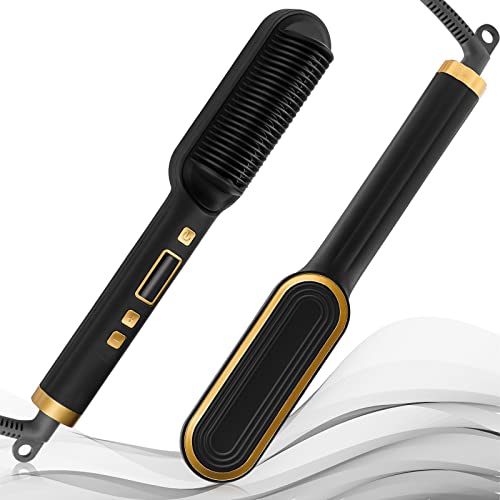 Hair Straightener Brush, Adjustable Temperature, Anti-Scald, Black