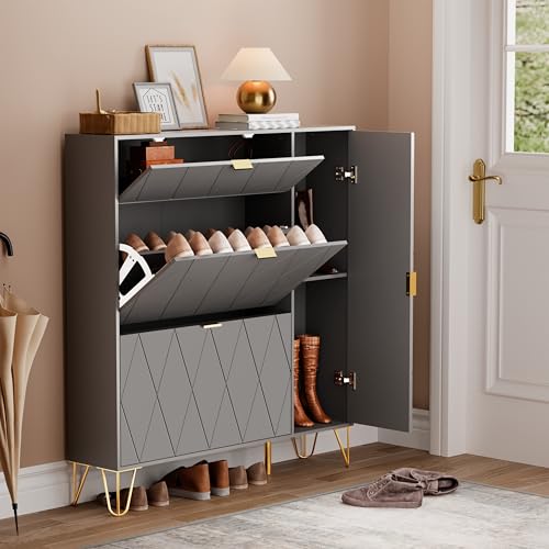 UEV Armoire à Chaussures avec 2 abattants et 2 Portes, 105 x 24 x 120 cm, Commode à Chaussures étroite, Armoire de Couloir, Commode à Chaussures dans Le...