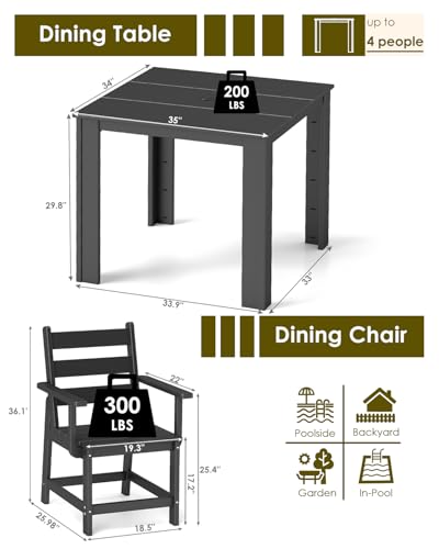 Image of GREENVINES 5-piece Patio Dining Set, HDPE Square Table & 4 Armchairs, Black