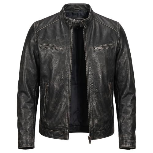 Image of Men Cafe Racer Motorcycle Style Solid Leather Jacket Slim Fit Motorcycle Brown Cafe Racer Leather Jacket