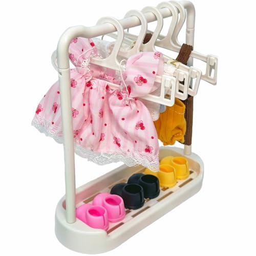 Clothes Rack for 17cm Dolls Outfits Accessories Shoes Storage with 5pcs Clothes Hangers Open Closet for Dollhouse