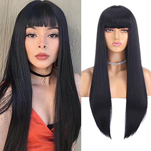 Xtrend 26 Zoll schwarze lange gerade Perücken mit Pony für Frauen Mädchen Cosplay Kostüm tägliches Tragen synthetische Perücke mit Fransen natürliche lange gerade hitzebeständige synthetische Perücken Cover