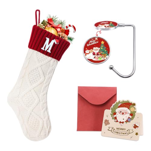 Ulico Initial Christmas Stockings, 18’’ Large Embroidered Monogram Knit Christmas Stocking,Xmas Stocking for Kids, Holiday and Family Stocking for Fireplace or Party Decoration White-Red Letter M