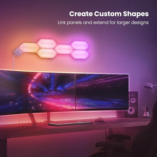 Image of Feit Electric Smart LED Hexagon Tile Lights, 7 inch Ea, Linkable, RGBW Color Chasing, 2.4GHZ WiFi Enabled, Compatible with Alexa and Google Home Asst, Music Sync, Remote App, 6 Pack - HEX /CHASE /AG /6KIT