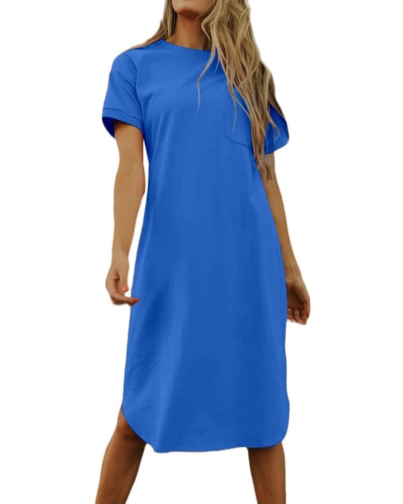 Imily Bela Dame Tshirt Kleid Sommer Shirtkleid Baumwolle Kurzarm Rundhals Minikleider Freizeitkleid mit Taschen.