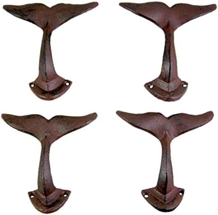 MUDHEN UpperDeck Primitive Whale Tail Cast Iron Wall Hooks, Pack of 4