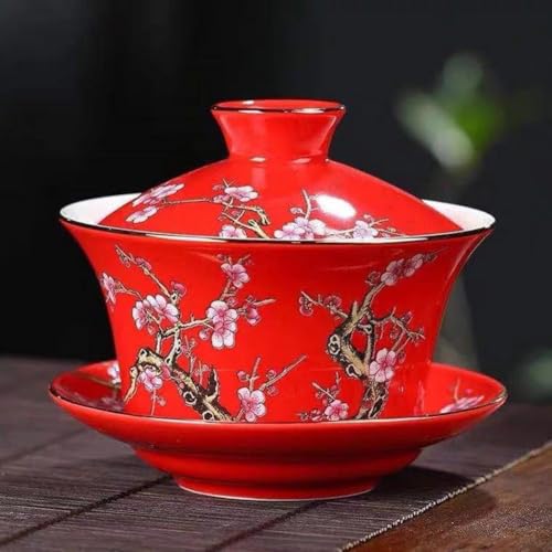 Image of 10oz Large Gaiwan, Ceramic Teacup -Embossed Plum Patterns (Red)