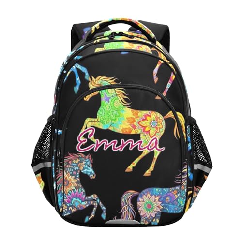 Sac à dos personnalisé enfants motif chevaux colorés noir 15 pouces pour l'école
