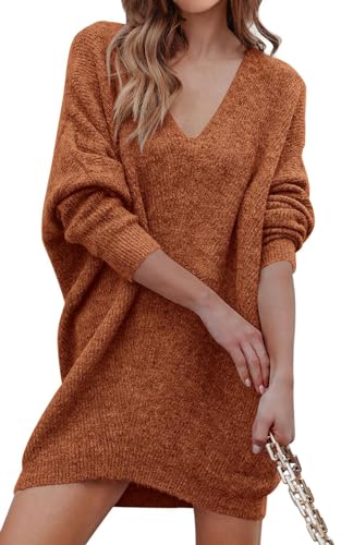 PRETTYGARDEN Women Casual V Neck Mini Sweater Dresses Batwing Long Sleeve Loose Solid Ribbed Hem Pullover Jumper Sweaters (Orange,Small)