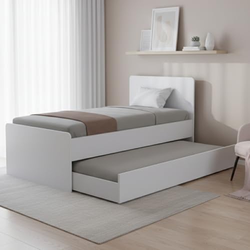 Cama Solteiro com Bicama Auxiliar Deslizante em MDF Premium, Estrutura Robusta e Design Elegante para o Seu Quarto (Branco)