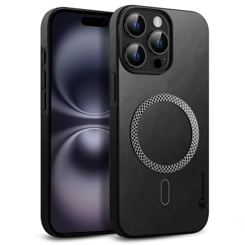 Image of KARWAN Shockproof Hybrid Leather Finish Back Case Cover Compatible with iPhone 15 Pro with Wireless MagEaze Charging Cover, Anti-Scratch Shield Case with Strong Minimalist Design (Black)