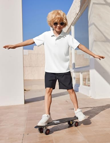 Arshiner Jungen Kurzarm Poloshirt Kinder Polo Shirt Jungen mit Kragen und Knopfleiste Kurzarmhemd mit Brusttasche Freizeitshirt für Schule Alltag Herbst, Elegant Bequem Weiß, 5-6 Jahre