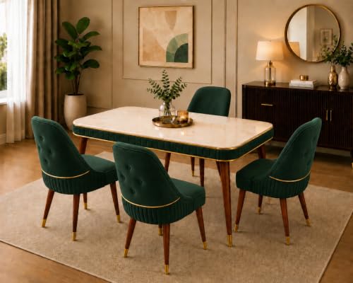Image of WOODEN SPACE 4 Seater Wooden Dining Table Set | Urban Marble Top Dining Table with Chairs for Dining Room & Kitchen (Modern Grand Aura Dark Green) (54 x 36 x 30 inch)