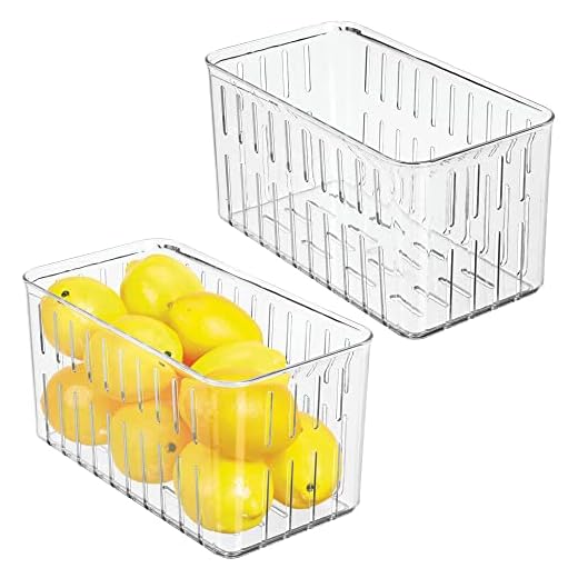 mDesign Juego de 2 cajas plásticas organizadoras – Práctico organizador de despensa sin tapa – Organizador de nevera con ranuras laterales de ventilación – transparente
