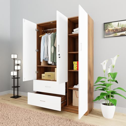 Image of VIKI Wardrobe | Wooden Almirah for Clothes,Door for Bedroom, 3 Door Wardrobe with Drawer & Hanging Space (Walnut & White - 40D x 120W x 180H) | 1 Year Warranty | Free Assembly