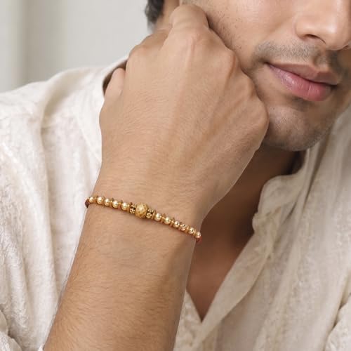 Image of Peora Rakhshabandhan Thread Rakhi for Brother Bhaiya | Kundan Beads & Crystal Studded | Combo Set of 2 | Rakhi Hamper Roli Chawal & Greeting Card