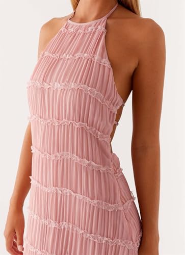 Image of Women Halter Ruched Maxi Dress Backless Sleeveless Long Dress Bodycon See Througn Pleated Sundress Beachwear
