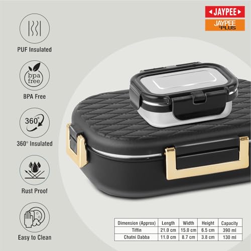 Image of JAYPEE Lux PU Insulated Stainless Steel Lunch Box for School Kids|Airtight Leakproof Lunch Box for Kids Boys & Girls |Unique Design 100% Food Grade |Lunch Box for Office use,580 ml, Black
