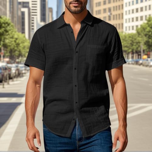 Men's Linen Short Sleeve Shirts Casual Button Down Shirts Vacation Beach Summer Tops with Pocket